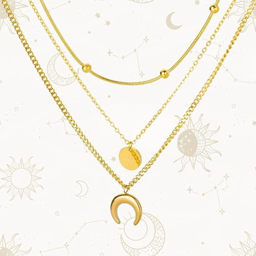 Srup Bohemia Multilayer Ladies Collier, Boho Collier Ras du Cou avec Pendentif Soleil et Lune, Collier Croissant de Lune, Pendentif Croissant de Lune Vintage, Collier multicouche pour femmes (or)
