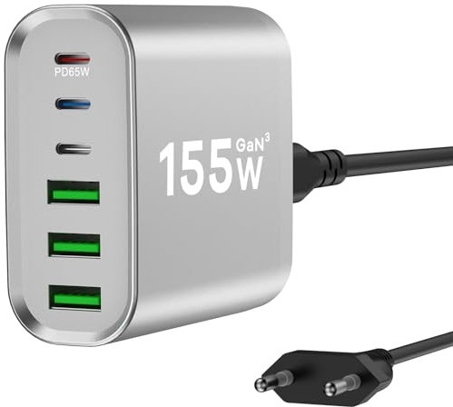 155W USB C Ladegerät Mehrfach, GaN III 6 Ports USB Ladegerät Mehrfach, 155W 6-Port Schnellladegerät Kompatibel mit MacBook Pro/Air, iPad Pro/Air, iPhone, Android etc