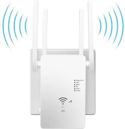 WLAN Repeater WLAN Verstärker 1200Mbit/s Dual-Band WiFi Booster mit Repeater/Router/Access Point Modus,4 Antennen,Einfache Einrichtung,WiFi Range Extender mit LAN/WAN Port（weiß）