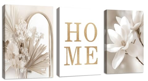 3 Pcs Boho Home Beige Cattail Leinwandbilder Bilder Set mit Rahmen, Moderne weiße Magnolie Wandbilder Schlafzimmer Bild Auf Leinwand Kunstdruck Deko für Wohnzimmer fertig zum Aufhängen 40x60cmx3