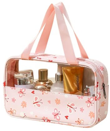 Trousse de Toilette Imperméable en PU– Pochette de Voyage Motif Imprimé,Cosmétiques à Glissière Portable,Grande Capacité pour Articles de Toilettes, Cosmétiques, Avion, Organisation (Rose)