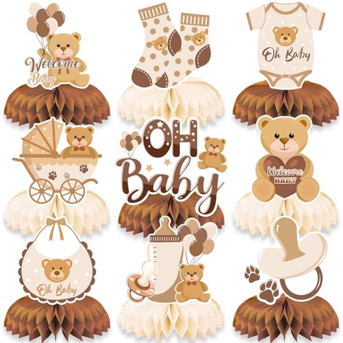 LMSHOWOWO Babyparty Deko, 9 Stück Teddybär Gender Reveal Party Deko Neutral, Beige Bienenwabe Mittelstück Tischdekoration für Jungen Mädchen Baby Shower Tischdeko Geschlecht Verkündung Partyzubehör