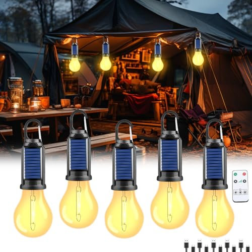 Campinglampe Aufladbar mit Fernbedienung, 5 Stück Solar Glühbirne LED Camping Lampe Solar Camping Licht Zeltlampe, Camping Laterne Helligkeit einstellbar 3 Lichtmodi Wasserdicht Campinglicht (D)