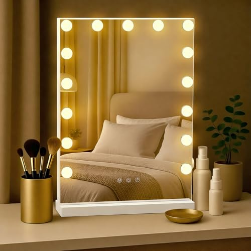 CLP Schminkspiegel mit Licht, LED-Hollywoodspiegel Coral, Dimmfunktion, 3 Lichtmodi, USB-A, Standspiegel und Wandspiegel in einem, Farbe:weiß