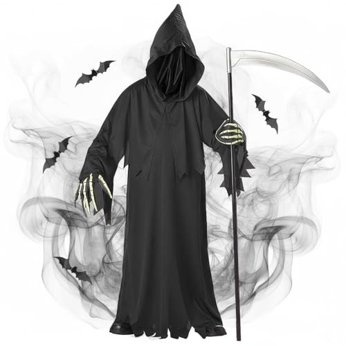 Riiriou Halloween Costume Adulte Faucheuse Déguisement Effrayante Fantome Outfits Ténèbres Fantôme Costumes Femme et Homme avec Masque Reaper Faux et Gants Squelette pour Halloween Cosplay