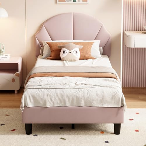 Générique Lit Fille 90x200 cm avec Sommier à Lattes | Tête de lit Réglable en Hauteur,en Forme de Coquillage,Lit Simple Enfant Fille en Velours, Rose