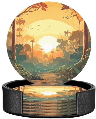 Coon Sunset Over Hills Tree Spring Season Inspirations Drawing Set of 6 Table Coasters Modern PU Cup Coasters for Drinks, Coaster Set,4 Inches