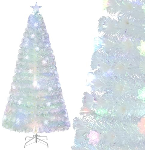 GYMAX Árbol de Navidad Artificial 120/150/180/210 cm, con Fibra de Vidrio y 18/24/30/48 Luces LED de Colores, Árbol Decorativo con Estrella en la Copa y Soporte de Metal, para Casa y Oficina (Blanco)