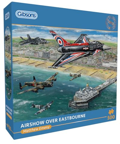 Gibsons Airshow Over Eastbourne 500 Teile Puzzle für Erwachsene – RAF Flugzeug-Display Artwork von Matthew Emeny – Militärische Luftfahrtszene – Premium Nachhaltiges Puzzle Made in UK/EU