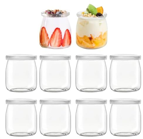 UQMIQURA Lot de 10 pots à yaourt avec couvercle, 100 ml, petits pots à yaourt, transparents, en verre, sans BPA, polyvalents, pour yaourt, dessert, pudding, confiture