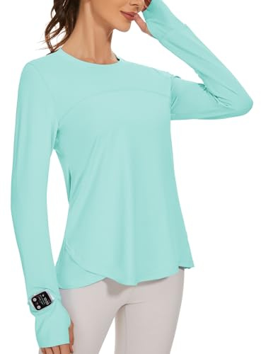 IECCP Camiseta deportiva para mujer, manga larga, protección UPF 50+, protección UV, protección solar, camiseta de manga larga, ajuste delgado con orificio para el pulgar Rashguards
