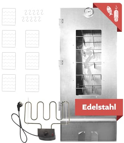 Lemodo Räucherofen XL 110 cm Edelstahl mit Heizspirale 2000 W – Räucherschrank elektrisch oder mit Glut, mit Sichtfenster und Zubehör für Fisch, Fleisch und Käse (Smoker 110cm Edelstahl+Heizspirale)