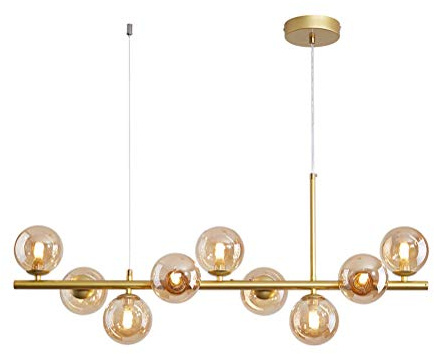 Boule de Verre Moderne Finition Laiton Pendant la lumière réglable doré du Milieu du siècle Éclairage de Plafond Luxueux avec Abat-Jour en Verre soufflé à la Main - Cognac 9 têtes
