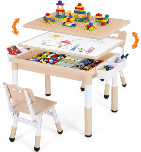 MAMIZO Kindertisch mit 2 Stühlen, kindertisch stauraum & Wendeplatte, Gelb | Tisch-Stuhl-Set, 88 x 63 cm multifunktionale Wendeplatte für Malen & Gestalten, Aktivitätstisch für Kinderzimmer & Schule