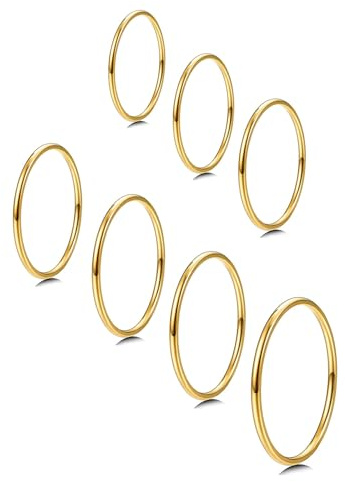 MILACOLATO Gold Rings for Women | 1mm Thin Stainless Steel Bands Rings | Midi Thumb Pinky Toe Stacking Kunckle Rings 7Pcs | Rounded Comfort-Fit Size 3/4/5/6/7/8/9