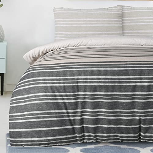 Sleepdown Duvet Cover Set - Brown - Textured Stripe - Reversible Quilt Cover Easy Care Bed Linen Soft Cosy Bedding Sets with Pillowcases - King (230 cm x 220 cm)