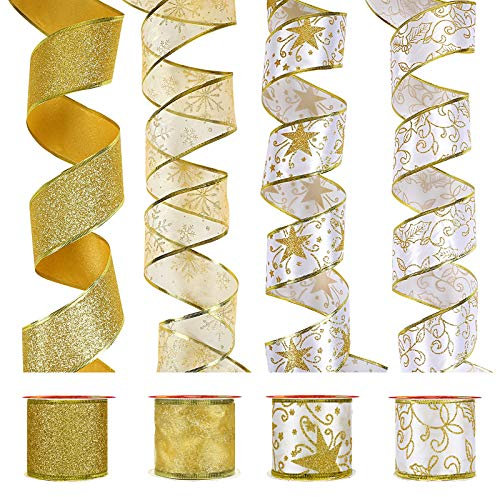 LIHAO 4 Rouleaux de Ruban de Noël, Runban de Soie Pailleté pour Décoration de Sapin de Noël, Fête de Mariage, Emballage de Cadeau (600×6.3CM, 4 Motifs)
