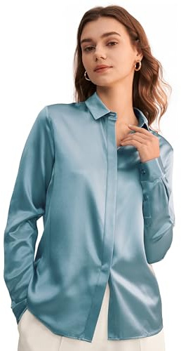 LilySilk Damen Hemdbluse Seide Sommerliche Damenbluse Shirt mit verdeckter Knopfleiste Verpackung MEHRWEG Neblig S