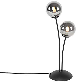 Qazqa Modern Tischleuchte mit Glas, Tischlampe - Athens - Schwarz mit Rauchglas, max. 28W, Geeignet für LED, 48cm, Ideal als Küche lampe, Schlafzimmerlampe und Wohnzimmerlampe