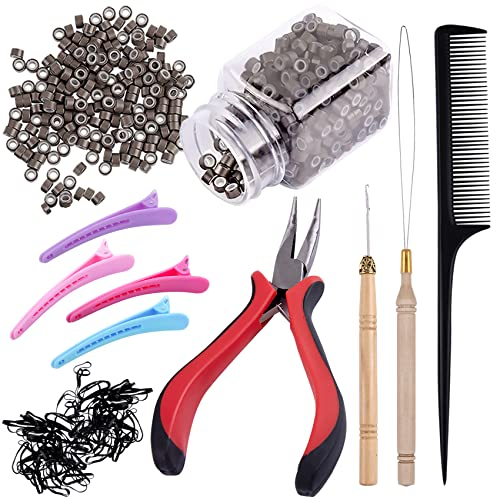 Duufin Hair Extensions Tools Kit with 500 Pcs Dark Blonde Micro Ring Beads, Loop Needle Threader Pulling Hook Micro Beads Plier Plastic Alligator Clips Mini Rubber Bands and Comb, Dark Blonde