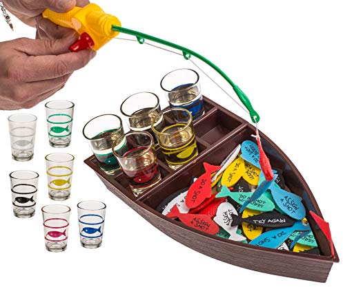 MIK funshopping Witziges Trinkspiel Partyspiel Saufspiel für Erwachsene Silvester Geburtstagsparty (Fische Angeln mit 4 Shootergläsern)