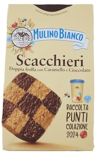 Mulino Bianco Biscotti Frollini Scacchieri con Doppia Frolla al Cioccolato e al Caramello, Ideali per Colazione o come Dolcetto, Senza Olio di Palma, 300 g