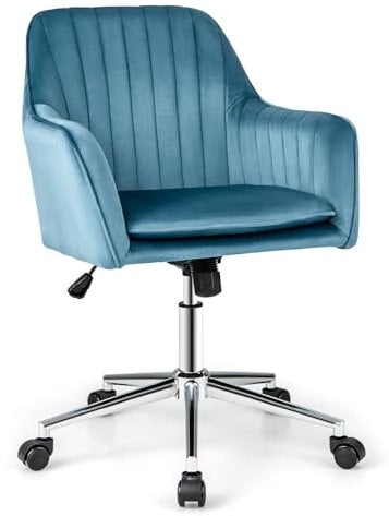 COSTWAY Velvet Office Chair, Ergonomic Swivel Computer Desk Chair Leisure Vanity Armchair with Rocking Function, Height Adjustable Mid-Back Rolling Executive Task Chairs for Home Office (Blue)