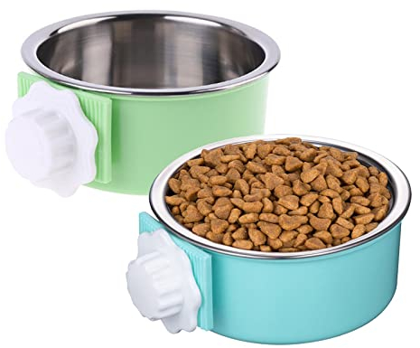 Mechpia 2 Pieces Crate Dog Bowl, Removable Stainless Steel Pet Kennel Hanging Food Water Feeder Bowl Cage Coop Cup for Puppy Medium Dog Cat Rabbit Ferret Bird (Blue,Green)