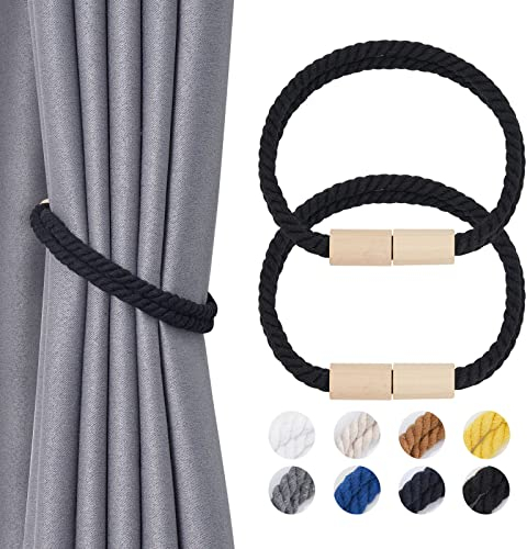Pretty Jolly 2 Stück Magnetische Vorhang Raffhalter aus Holz, Boho-Dekoration, Raffhalter, handgefertigt, doppeltes Baumwollseil, Vorhanghalter für Zuhause und Büro, Fenstervorhänge (Schwarz)