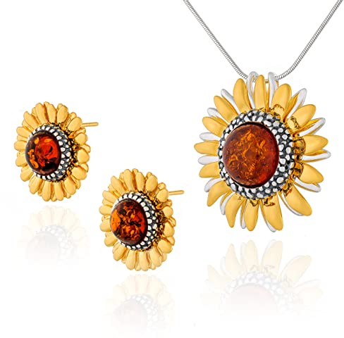 AMBEDORA Damenschmuck Set Sonnenblumen, Vergoldetes, Oxidiertes Sterling Silber, Baltischer Bernstein in Cognac Farbe, Vergoldeter Anhänger an Kette und Ohrringe