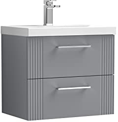 nuie DPF293D Deco Modern Bathroom Wall Hung 2 Drawer Part Fluted Vanity Basin Unit with Thin-Edge Ceramic Basin, 600mm, Satin Grey