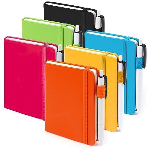 feela Notizbuch A6, 6 Stück Notizblock klein, bunte Journale Buch Bulk mit 6 Gelstiften schwarz, 112 Seiten, 80GSM, 9x14cm, Mini Notizbuch liniert geeignet für Büro, Schule, Notizheft mit PU Leder