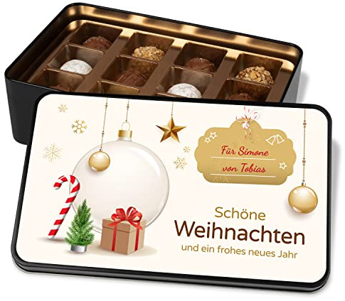 True Statements Pralinendose personalisiert Weihnachten – Metalldose mit 12 Trüffelpralinen – Geschenk mit Namen – edle Geschenkbox (Weihnachtskugel)