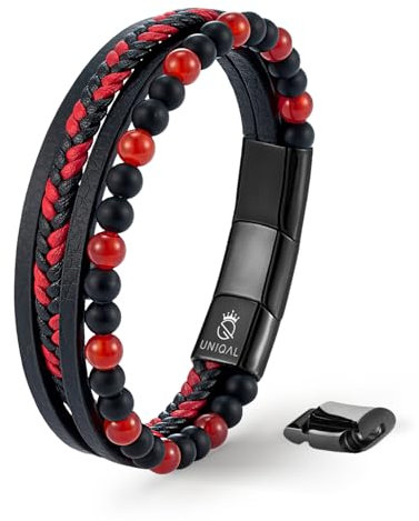 UNIQAL | Echtleder Armband Herren mit Natursteinen FANCY Mens nature stone Bracelet | Edelstahl, Männer | Etui Box Gratis (ROT AGATE, 19)