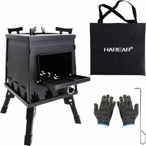 HAREAR Stufa a legna da campeggio pieghevole, in ghisa, da campeggio, con custodia per il trasporto, portatile, per cucinare all'aperto, barbecue, colore nero, piccola