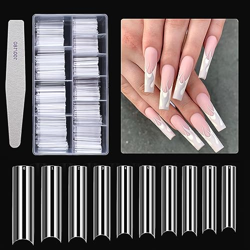 XXL Lange Square Nagelspitzen,500 Stück Durchsichtige Sarg-Nagelspitzen für Acrylnägel ,Falsche Acryl Nägel Tips Nagelverlängerung Fingernägel Zubehör mit 1 Nagelfeile für Nageldesign Gelnägel