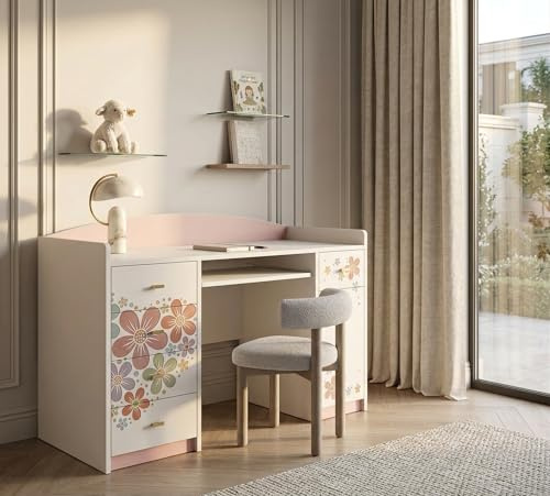 Happy Babies Computertisch mit Tastaturablage Bürotisch mit Tastaturablage 5 Schubladen 1 Ablage 125x89x60 Schreibtisch für Kinder und Jugendzimmer Muster Blumen