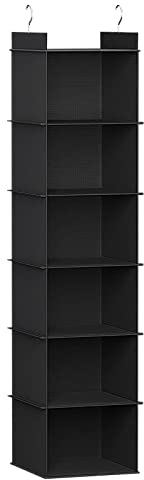 YOUDENOVA Oxford Hanging Storage Organiser 6 Shelves with Durable Metal Hooks, Wardrobe Closet Organiser with Bamboo Sticks, Space Saving and Foldable Black