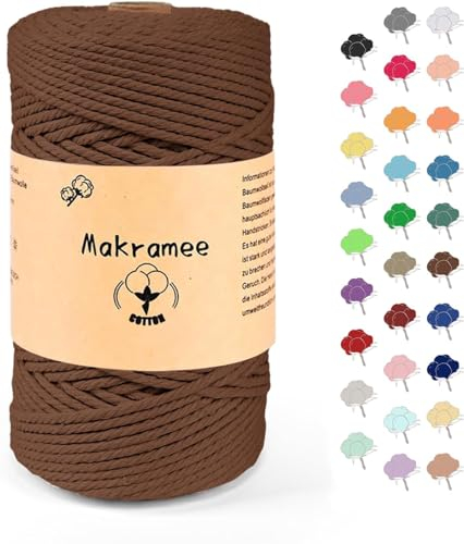 Uvolo Makramee Garn 3mm x 200, Baumwollgarn, Macrame Kordel für Basteln, Pflanzenbügel?Braun?