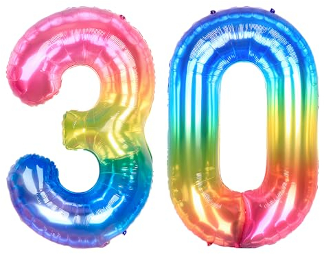 Ponmoo 40 Zoll Foil Luftballon Zahlen 30 Neon Regenbogen (101cm), Helium oder Luft, Riesige Folienballons Nummer 0-100, Große Ballons für Hochzeitstag und Geburtstagsparty Ballon Dekoration