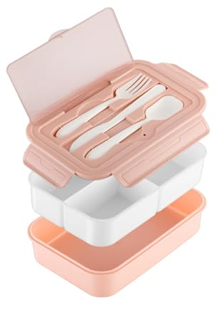 Soulnioi Lonchera Bento con cubiertos para niños, apilable de 3 capas con 3 compartimentos, contenedor de comida para niños/adultos/estudiantes (rosa)