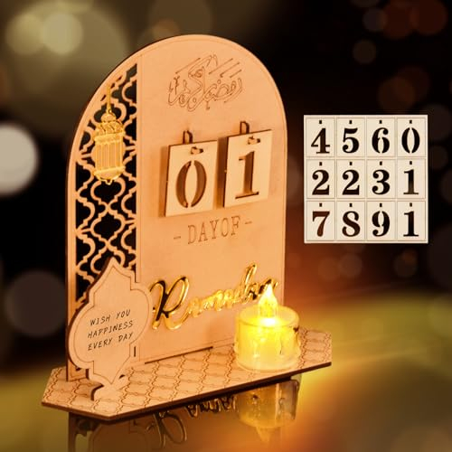 DAOUZL Ramadan Kalender, Ramadan Deko, Eid Mubarak Dekoration mit Ramadan Lichterkette, DIY Ramadan Dekoration Aus Holz, Mubarak Ramadan Deko, Ramadan Adventskalender Holz Countdown für Ramadan Partys