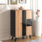 Sweiko Sideboard,Kommode Vitrinen mit LED-Licht und Glas,Holz und Schwarz Wohnzimmerschrank Buffetschrank mit Schwarzes Holzstreifendesign,Aufbewahrungsschrank für Esszimmer (Schwarz und Holzfarben)