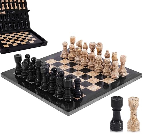 Marble Chess Set for Adults 12 Handmade Board Game with 32 Chess Pieces, 2 Extra Queens & Storage Box, Luxury Travel Game, Elegant Gift for Home Decor (Black & Coral)