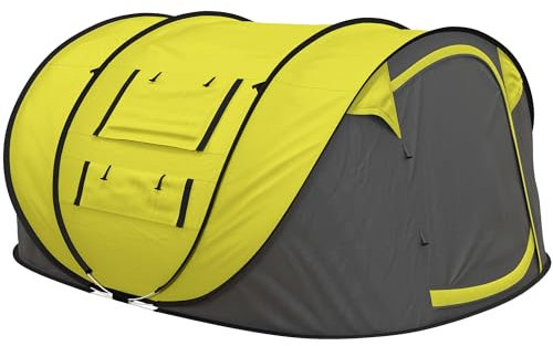 Outsunny 4 Person Pop-up Camping Tent Family Tent with Ground Sheet, 4 Windows and Portable Carry Bag for Beach Outdoor Trip, Yellow
