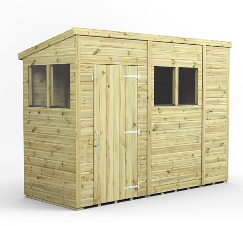 Powersheds High Grade Premium Pressure Treated Pent Shed Garden Wooden Shed with Heavy Duty Frame, Door & Window Flexibility made from Extra Thick Timber & Toughened Glass (10x4)