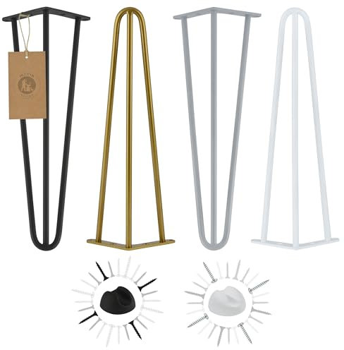 Moria Hairpin Leg 4 Stück | Möbelfüße, Tischbeine von 10 bis 80 cm | für Schrank, Hocker, Nachttisch, Couchtisch | Tischfüße mit Bodenschoner und Schrauben | 51 cm - 3 Streben (Metall, Gold)