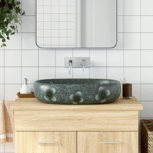 Lavabo da Appoggio Blu Ovale 59x40x14 cm Ceramica,Lavabo da Appoggio in Ceramica con Decori Vintage per Bagno