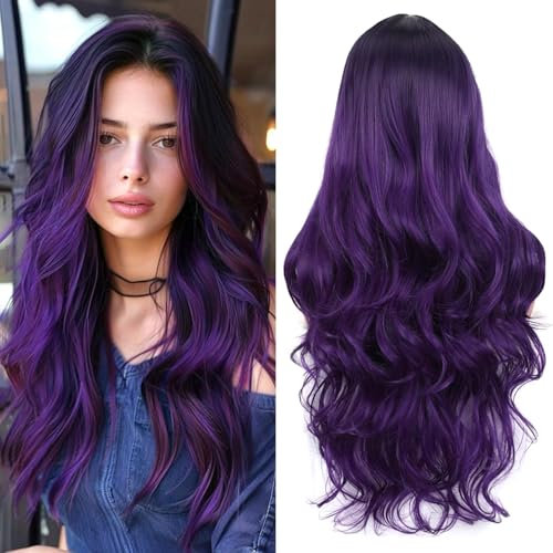 PORSMEER Perücke Lang locken Gewellt Natürliche Synthetische Haar Lila Wig Perücken für Frauen/Mädchen alltagstauglich Cosplay Kostüm Fasching Party