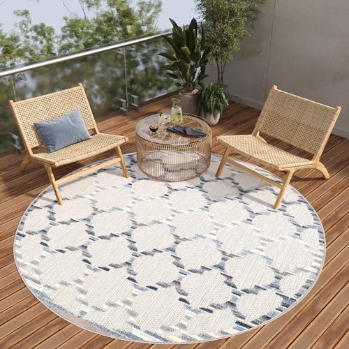 TAPISO Patio Rund Teppich Indoor Outdoor Grau Beige Blau Marokkanisch Design Sisaloptik Wetterfest UV-beständig Terrasse Wohnzimmer ÖKO-TEX 100 x 100 cm